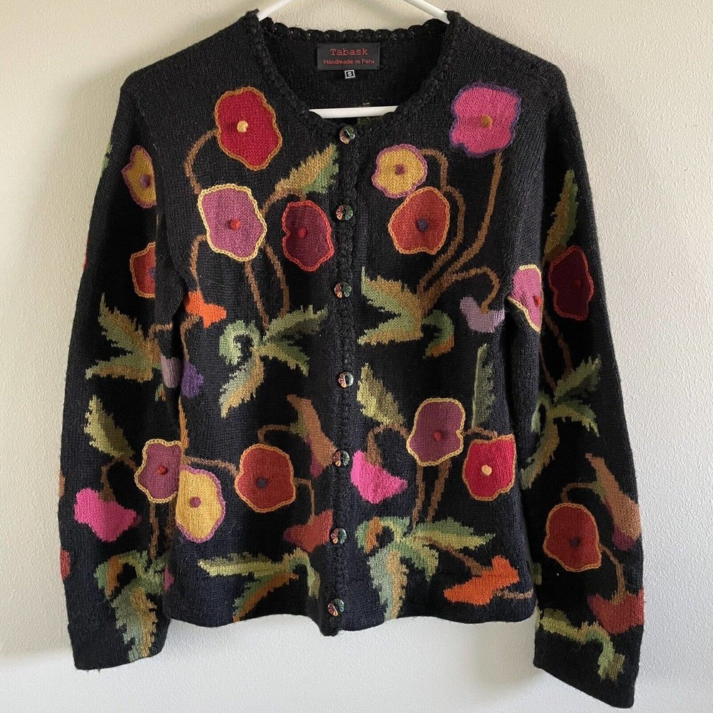 Tabask Floral Alpaca Blend Cardigan Sweater Size Small Handmade in Peru Artsy‎